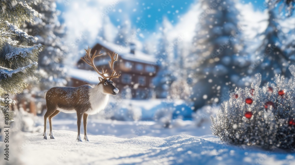 A majestic reindeer stands gracefully in a winter wonderland near a cozy cabin surrounded by snow-laden trees during a snowy day A majestic reindeer stands gracefully in a winter wonderland near a cozy cabin surrounded by snow-laden trees during a snowy day
