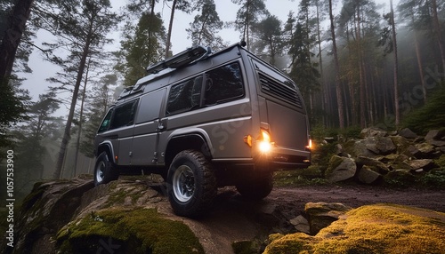 Futuristic offroad camper van on rocks in the woods