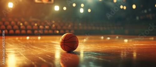 A lone basketball rests on a polished wooden court, surrounded by blurred stadium lights, capturing the essence of the game. photo