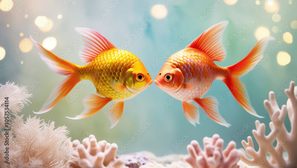 Colorful goldfish facing each other, underwater, soft bokeh light, aquatic life, serene mood, concept, Colorful goldfish facing each other, underwater, soft bokeh light, aquatic life, serene mood, concept,