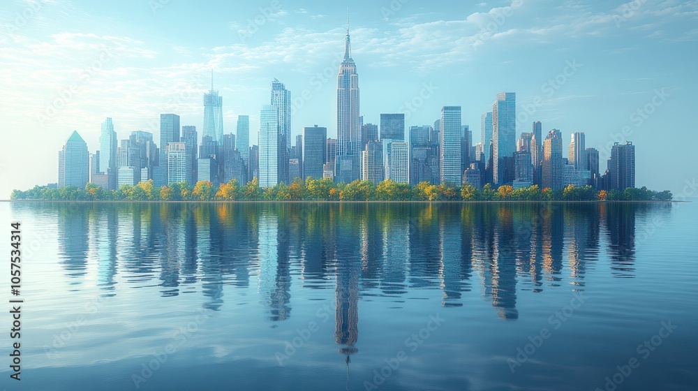 A serene skyline reflection of a city with iconic buildings. A serene skyline reflection of a city with iconic buildings.