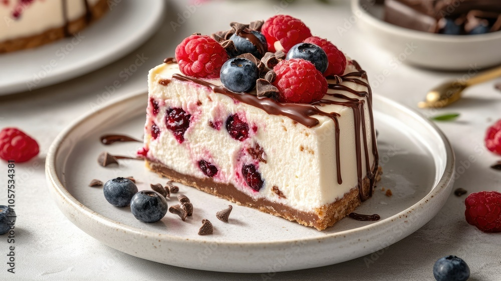 Vanilla cheesecake slice with raspberry and blueberry accents, artful chocolate glaze drizzle, on a white ceramic plate against a textured surface. Vanilla cheesecake slice with raspberry and blueberry accents, artful chocolate glaze drizzle, on a white ceramic plate against a textured surface.
