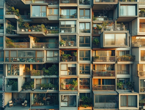  Daylight view of modern apartment building with glass, metal exterior, featuring rows of spacious balconies in contrast with polished surface.