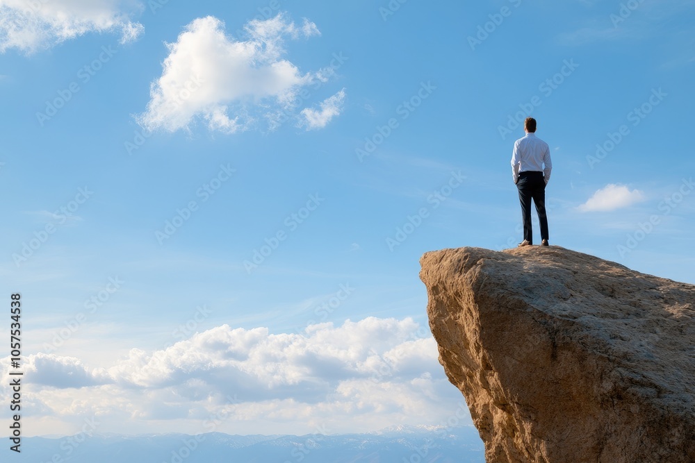Man Standing on a Cliff Against Blue Sky Man Standing on a Cliff Against Blue Sky