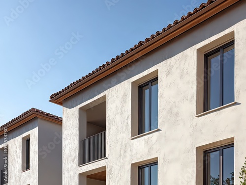  Mediterranean-style building with stucco facade, terracotta roof tiles, and minimalist window design, embodying warm, timeless elegance.