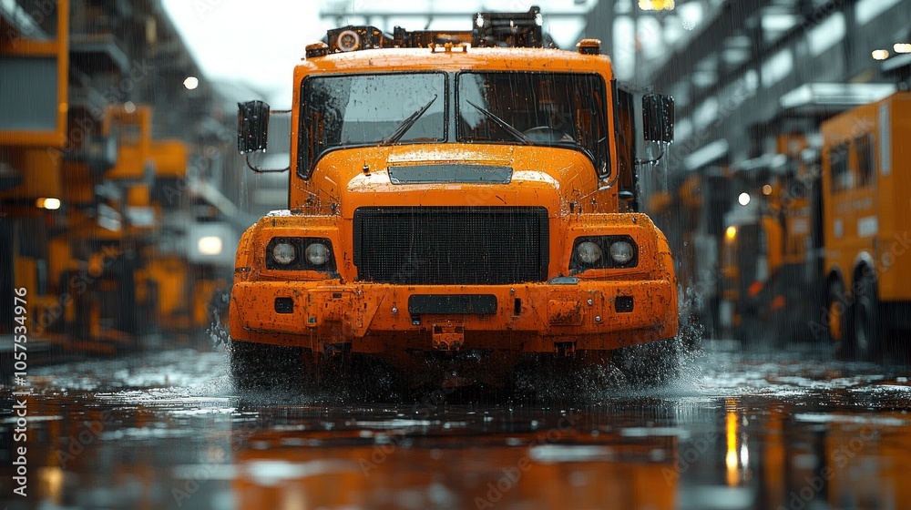 An orange industrial vehicle splashing through water in a factory. An orange industrial vehicle splashing through water in a factory.