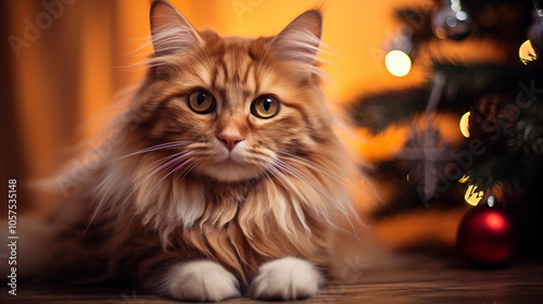 Cat and Christmas tree closeup, pet photography