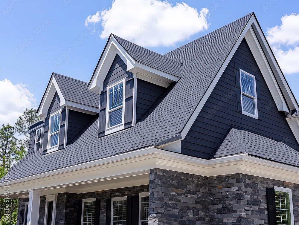 Elegant suburban home with dark siding and stone accents, featuring gabled roofs and classic windows, blending modern and traditional charm. Elegant suburban home with dark siding and stone accents, featuring gabled roofs and classic windows, blending modern and traditional charm.