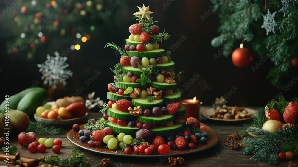 A festive fruit tree made of assorted fresh fruits and vegetables displayed on a wooden table with holiday decorations in the background A festive fruit tree made of assorted fresh fruits and vegetables displayed on a wooden table with holiday decorations in the background