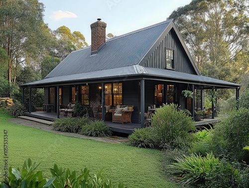  Gabled roof with corrugated iron sheeting in pale gray or deep green brings iconic Australian touch, adding rugged character to building’s facade. photo