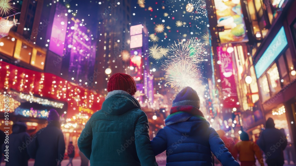 Fototapeta premium Celebrating New Year's Eve in a vibrant city with dazzling lights and festive fireworks lighting up the night sky