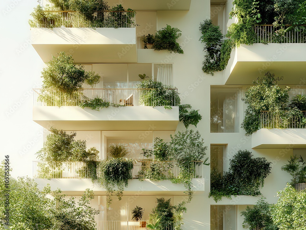 Naklejka premium Vertical garden high-rise with spacious balconies covered in abundant greenery, creating a serene and eco-friendly urban residential space.