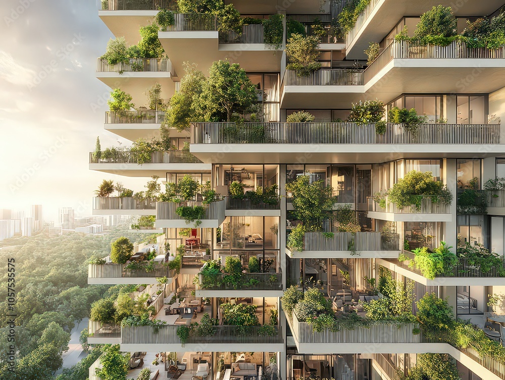 Naklejka premium Modern high-rise with lush green terraces and cascading plants, blending architecture with nature for a sustainable urban living space.