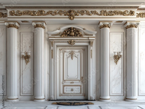 Wallpaper Mural  Luxurious neoclassical interior with ornate columns, gold accents, and grand door, evoking timeless elegance and refined architectural detail. Torontodigital.ca