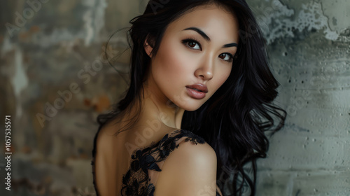 Stunning Asian fashion model in a sophisticated tight dress photo