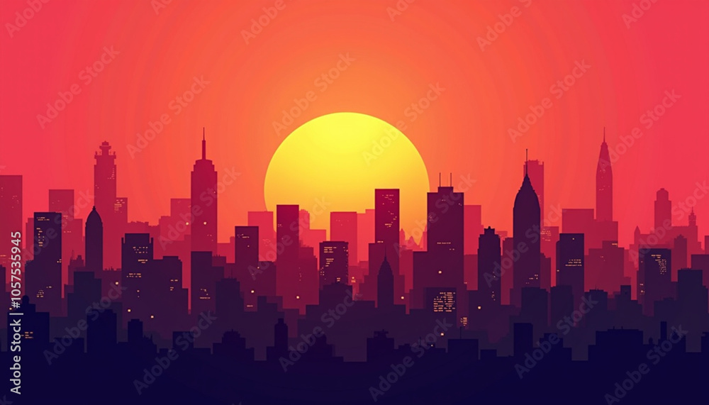 Stylization of the silhouette of the city skyline against the background of a bright sunset for urban landscapes and graphic design