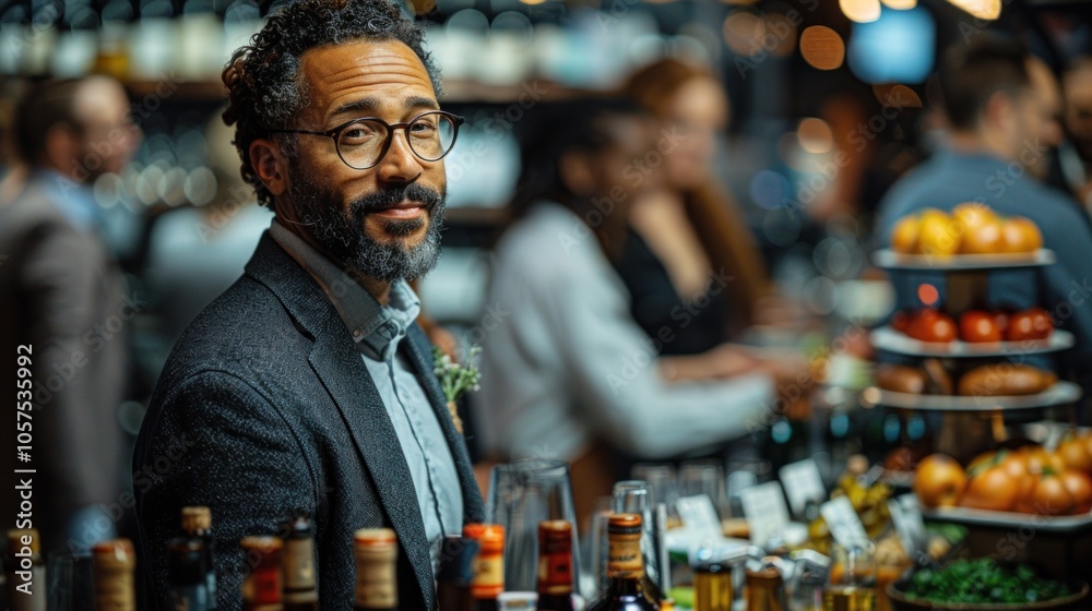 Obraz premium A Man Smiling in a Bar Setting