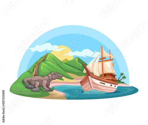 Labuan Bajo Island with Phinisi Yacht and Komodo Cartoon Illustration Vector