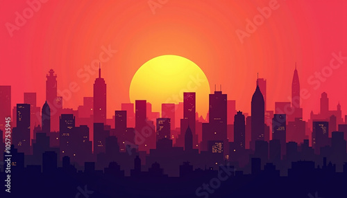 Stylization of the silhouette of the city skyline against the background of a bright sunset for urban landscapes and graphic design