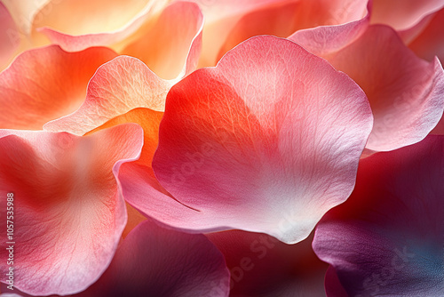 A close-up of soft, vibrant rose petals showcasing intricate textures and a gradient of colors from pink to peach.