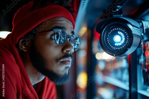 Person glancing nervously at a security camera in a convenience store, capturing the subtle anxiety of being observed, symbolizing suspicion and awareness