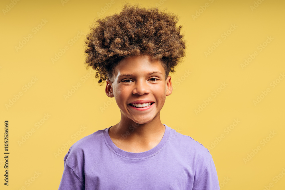 Portrait of happy African American boy with curly hair wearing casual clothes looking at camera Portrait of happy African American boy with curly hair wearing casual clothes looking at camera