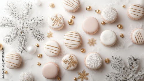 Elegant festive macarons arranged on a snowy white background with gold accents, perfect for winter celebrations and holiday gatherings