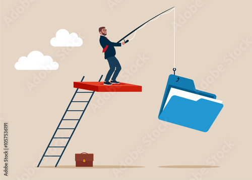 Businessman catching folder with documents on fishing rod. Organize document files into archive folders. Flat vector illustration