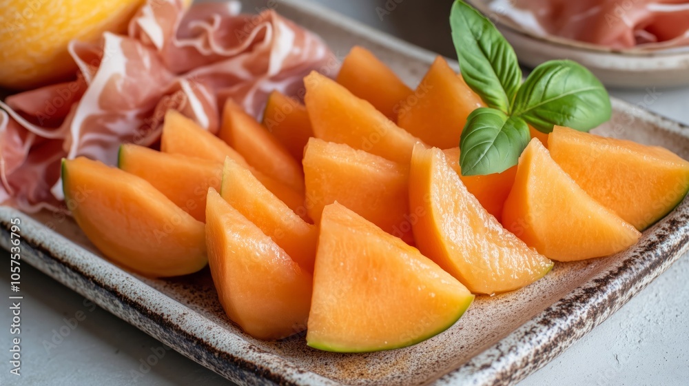 Juicy cantaloupe slices with prosciutto and basil on platter, fresh and vibrant Juicy cantaloupe slices with prosciutto and basil on platter, fresh and vibrant