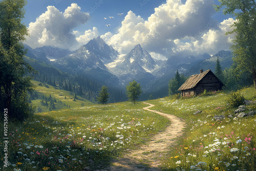 A serene landscape featuring a winding path, a rustic cabin, vibrant wildflowers, and majestic mountains under a blue sky with fluffy clouds. A serene landscape featuring a winding path, a rustic cabin, vibrant wildflowers, and majestic mountains under a blue sky with fluffy clouds.