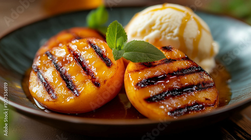 Grilled peaches with honey and ice cream, warm dessert delight photo