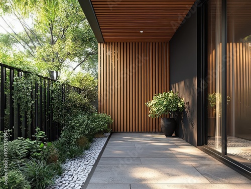  Mixed-material fence with vertical wood slats framed by black metal provides a stylish, modern boundary with natural and industrial appeal.