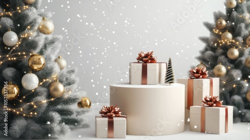Festive holiday decorations featuring wrapped gifts and shimmering Christmas trees with ornaments, perfect for celebrating the winter season