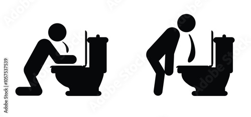 Vomit icon. Anxiety and vomiting concept. Sick person to vomiting in the wc. Stick figures or stickman and toilet logo. Restroom or bathroom toilets. Symptoms virus infection or hungover or drunk.