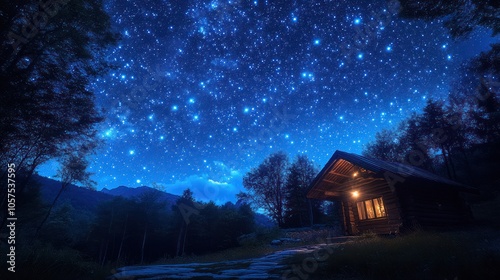 A cozy cabin nestled in a forest bathed in the glow of a starry night sky.