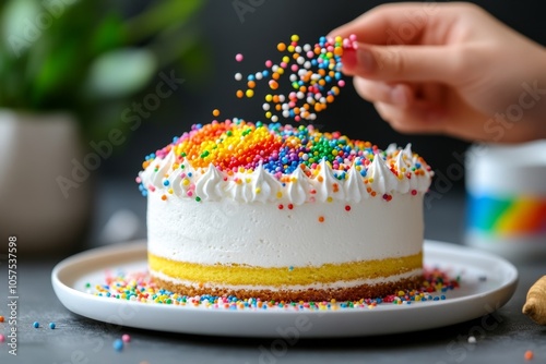 Retro-inspired scene of a person sprinkling rainbow sprinkles on a cake, with soft colors capturing the playful charm of classic desserts, symbolizing joy and nostalgia