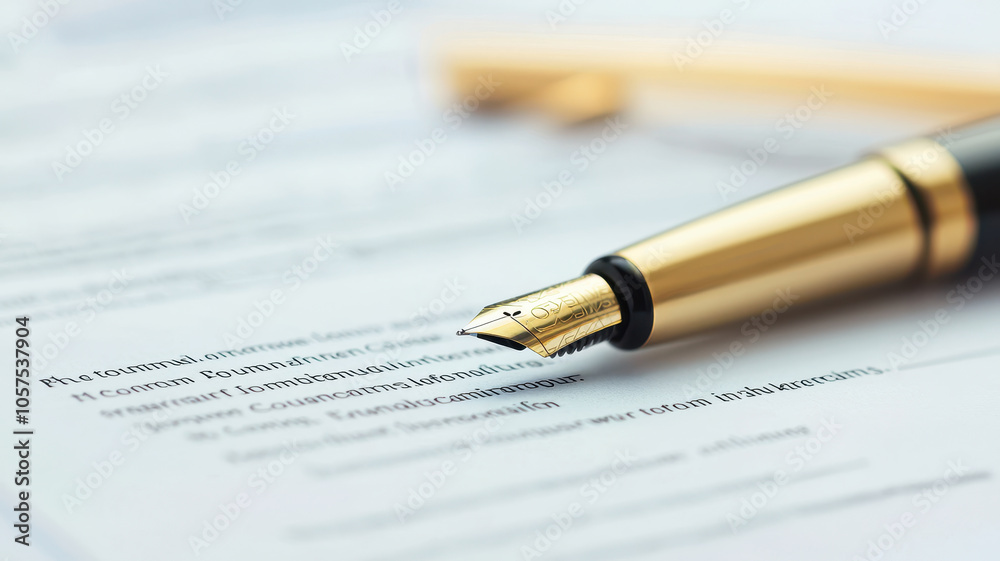 Close up of fountain pen on document, symbolizing agreement and commitment Close up of fountain pen on document, symbolizing agreement and commitment