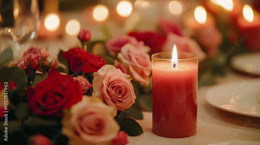 Side-angle shot of red and pink candles flickering on a table with roses, 4K resolution Side-angle shot of red and pink candles flickering on a table with roses, 4K resolution