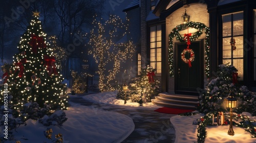A beautifully decorated house adorned with festive lights, wreaths, and a snow-covered landscape during the holiday season