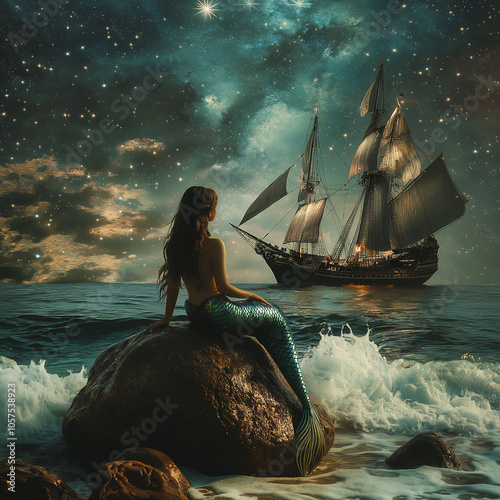 mermaid sits on a large rock in the surf and looks at the approaching galleon, starry night sky