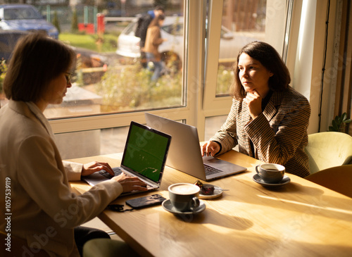 сowork, two women work at laptops in a cafe