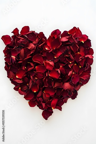 Top-down view of red rose petals arranged in a heart shape on a white background, symbolizing love, 4K resolution photo