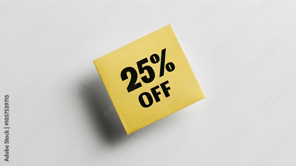 Black '25% OFF' Text on a Gold Square Paper Note. White Background with Copy Space Black '25% OFF' Text on a Gold Square Paper Note. White Background with Copy Space