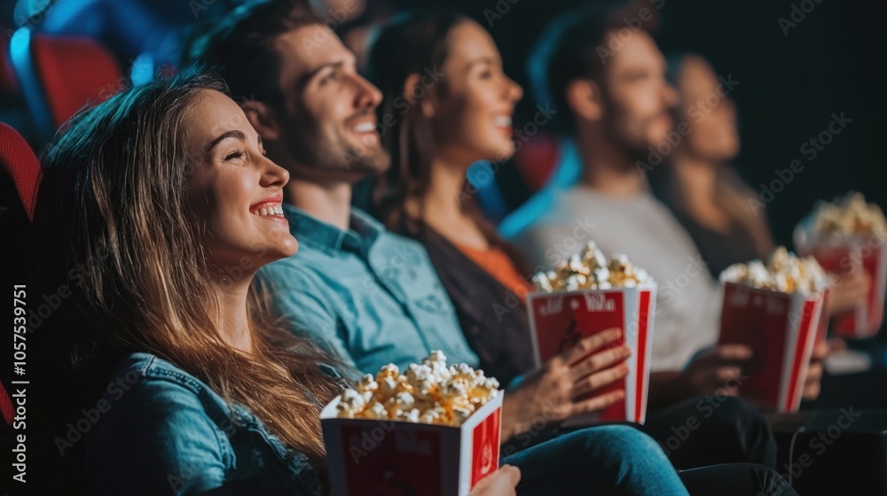 Cinema background. Young men and women sitting in movie theater with bucket of popcorn and watching a movie. Friends in cinema