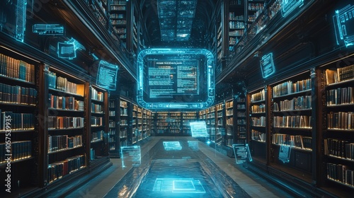 A modern library space where holographic reading lists and top picks float above shelves, guiding visitors through popular literature. The digital prompts enhance the browsing experience 