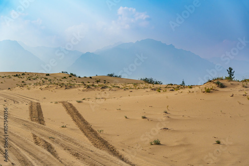 Golden desert dunes illuminated by sunbeams under a dramatic sky