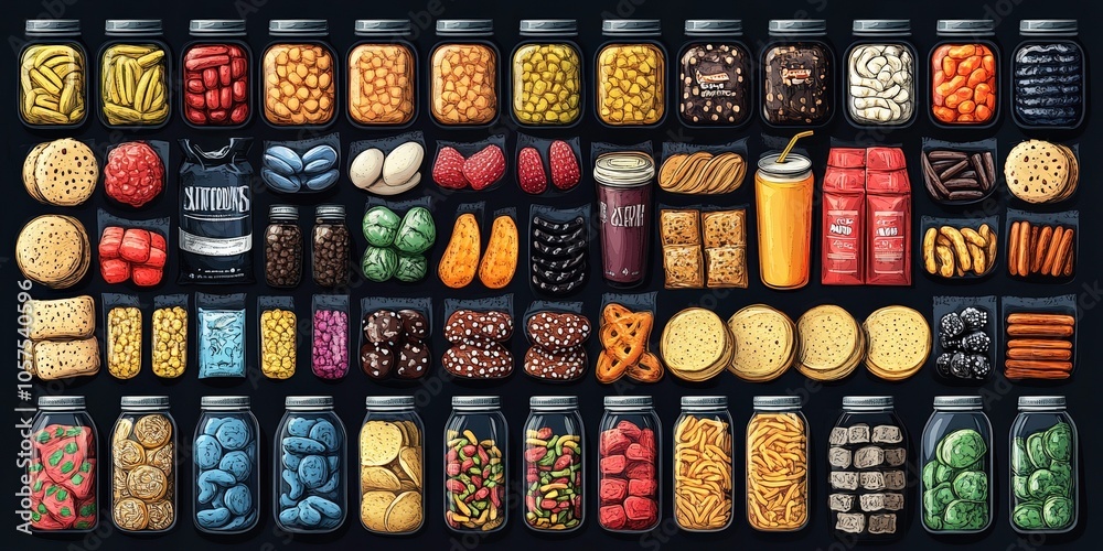 Colorful display of jars filled with various snacks and treats