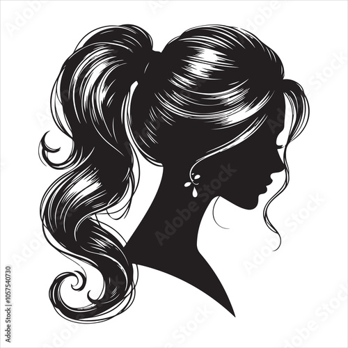 Elegant ponytail hairstyle silhouette for women on a white background 