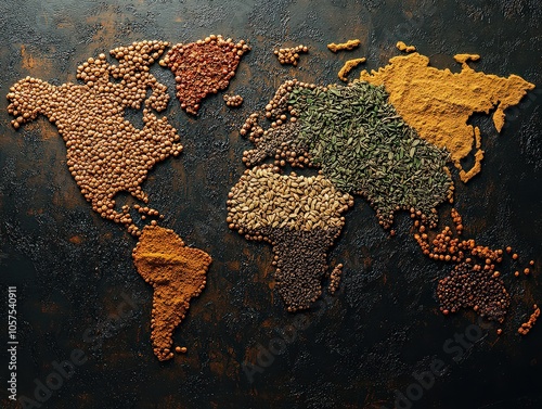  World map creatively formed with various spices and grains on dark background, symbolizing global culinary diversity and culture. photo