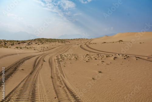 Golden desert dunes illuminated by sunbeams under a dramatic sky